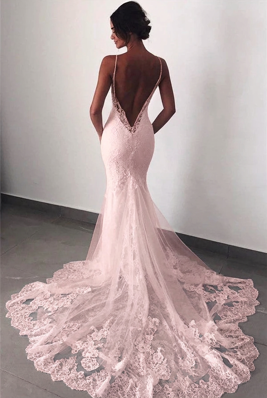 Blushing pink v-neck lace mermaid wedding dress