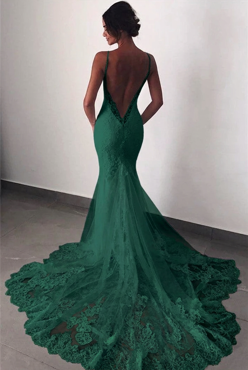 Dark green v-neck lace mermaid wedding dress