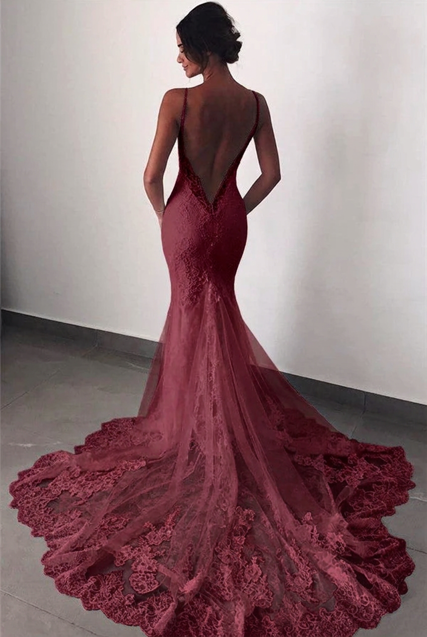 Burgundy v-neck lace mermaid wedding dress