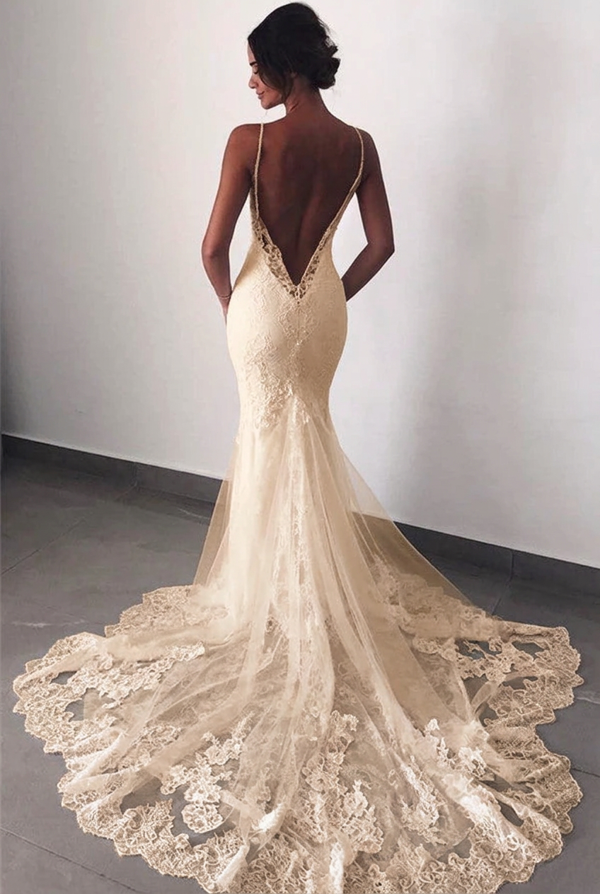 Champagne v-neck lace mermaid wedding dress