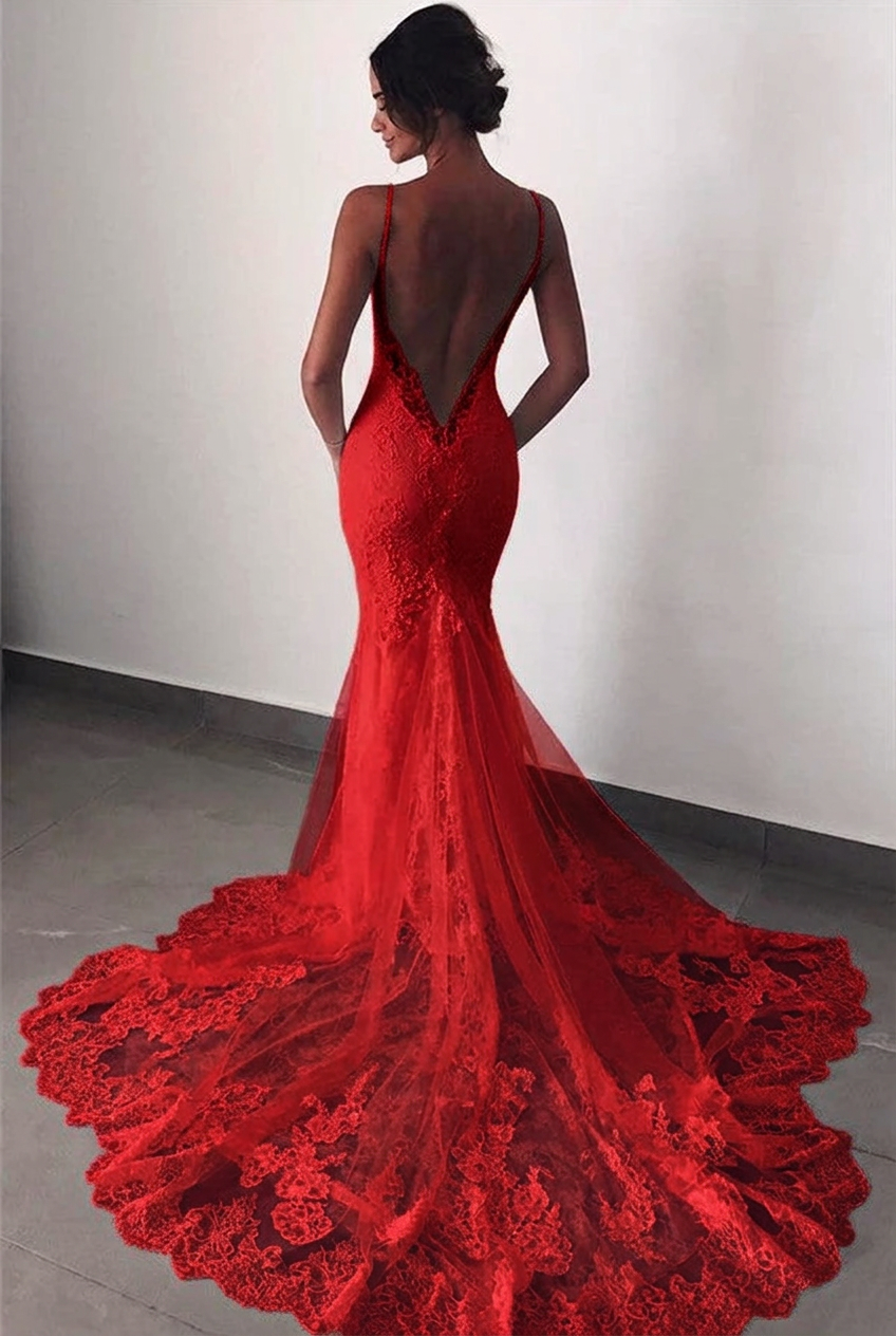 Red v-neck lace mermaid wedding dress