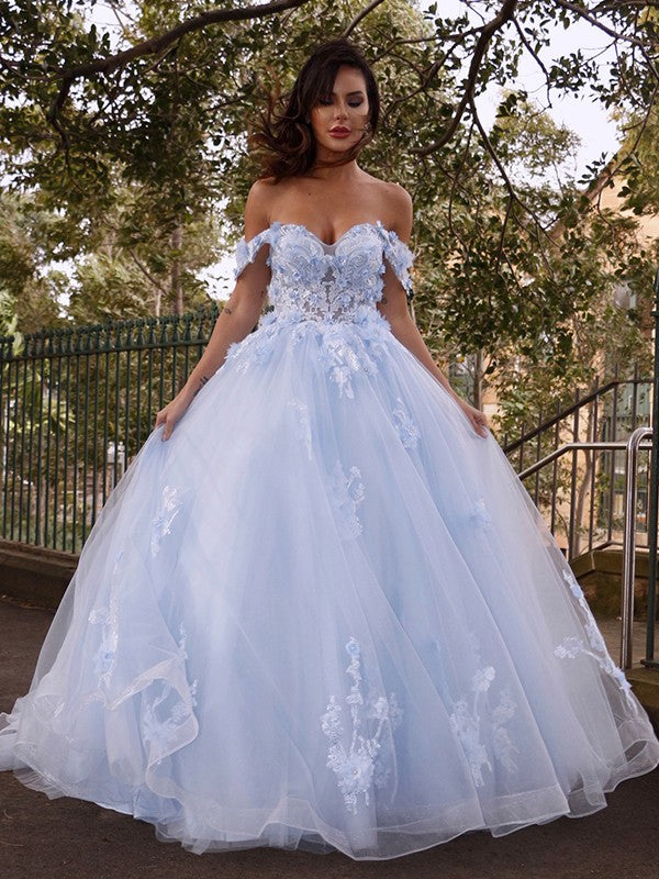 Ball Gown Tulle Applique Off-the-Shoulder Sleeveless Prom Evening Dresses