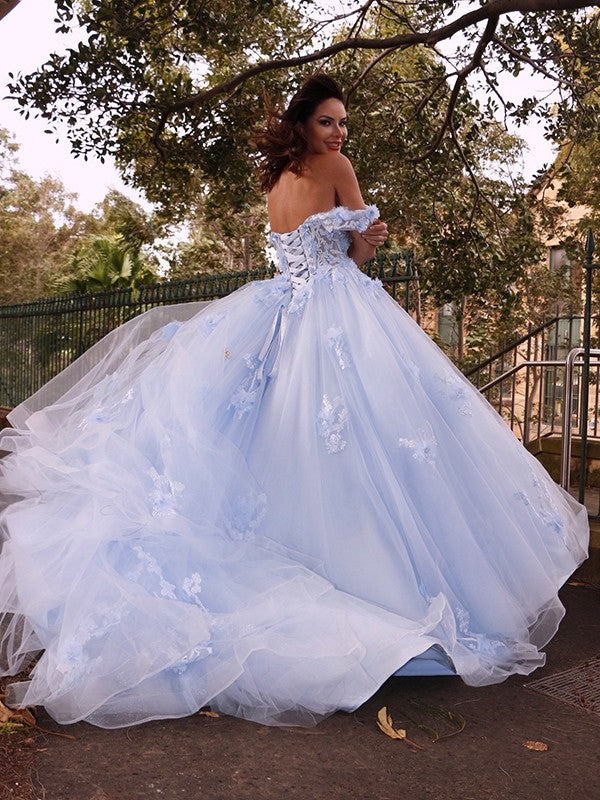 Ball Gown Tulle Applique Off-the-Shoulder Sleeveless Prom Evening Dresses