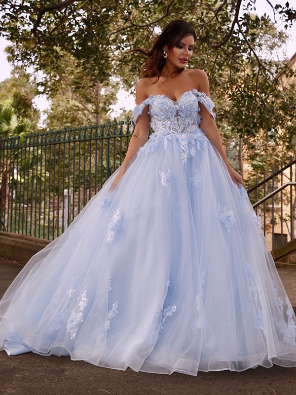 Ball Gown Tulle Applique Off-the-Shoulder Sleeveless Prom Evening Dresses
