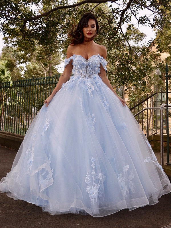 Ball Gown Tulle Applique Off-the-Shoulder Sleeveless Prom Evening Dresses