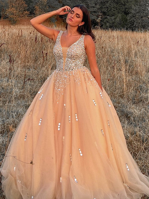 Ball Gown Tulle V-neck Beading Sleeveless Floor-Length Prom Evening Dresses