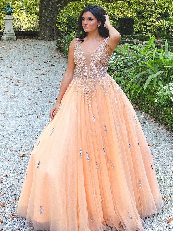 Ball Gown Tulle V-neck Beading Sleeveless Floor-Length Prom Evening Dresses