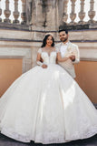 Ball Gown Floor-Length Stain Long Sleeve Appliques Sweetheart Tulle Wedding Dresses with Beadings