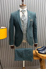 Bartley Sea Blue Peaked Lapel Three-Piece Prom Outfit With Jacquard Waistcoat