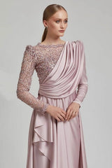 Blush Pink High Neck Beaded Lace Long Sleeve Draped Satin A-Line Floor Formal Evening Gown