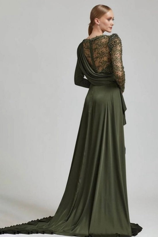 Blush Pink High Neck Beaded Lace Long Sleeve Draped Satin A-Line Floor Formal Evening Gown
