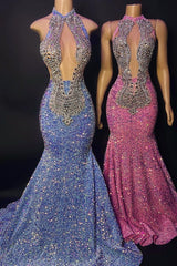 Beaded Sequins High Neck Sleeveless Mermaid Formal Dress With Appliques