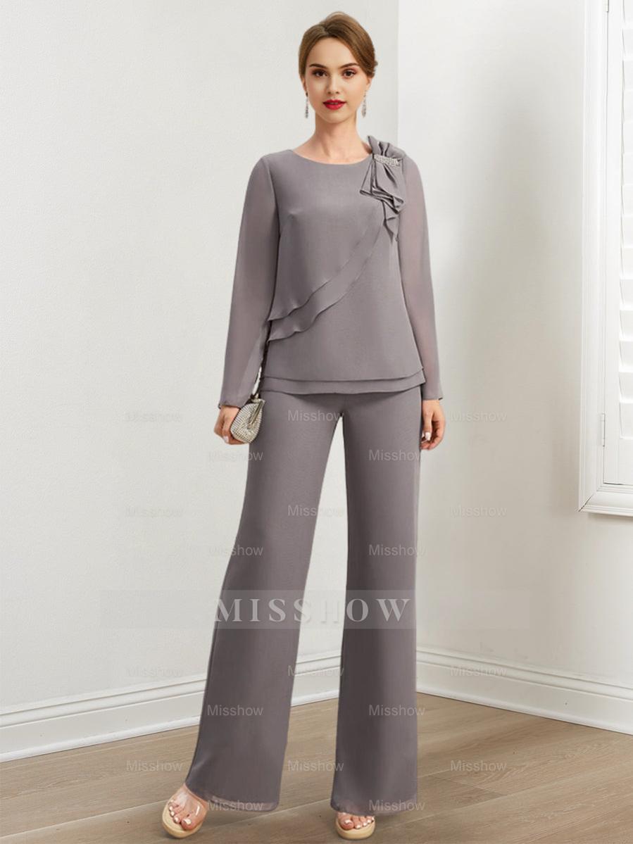 Beaded and Ruffled Chiffon Pantsuits for the Mother of the Bride