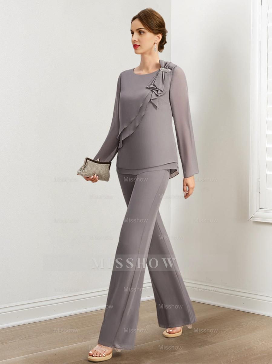 Beaded and Ruffled Chiffon Pantsuits for the Mother of the Bride