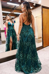 Beautiful A-Line Lace V-Neck Sleeveless Prom Evening Dresses With Appliques Split