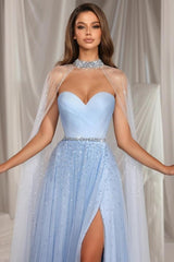 Beautiful A-Line Tulle Sweetheart Sleeveless Blue Prom Evening Dresses With Ruffles Split