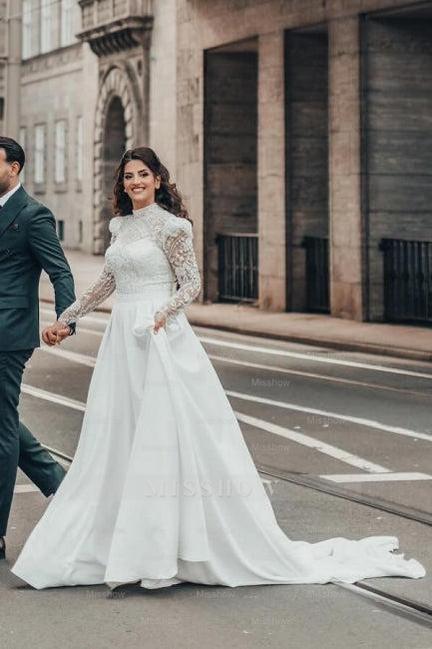 Beautiful A-line Long High Neck Lace Chiffon Wedding Dresses with Long Sleeves Beautiful A-line Long High Neck Lace Chiffon Wedding Dresses with Long Sleeves