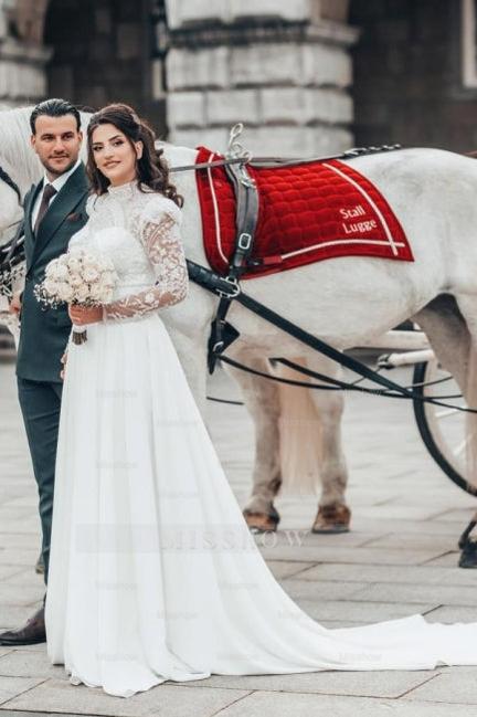 Beautiful A-Line Long High Neck Lace Chiffon Wedding Dresses with Long Sleeves Beautiful A-Line Long High Neck Lace Chiffon Wedding Dresses with Long Sleeves