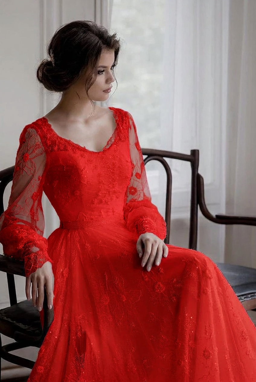 Red sweetheart applique A-line wedding dress