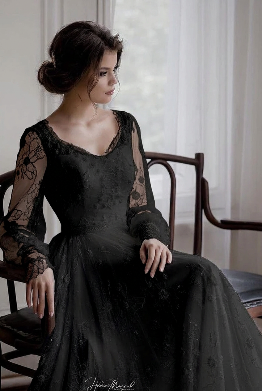 Black sweetheart applique A-line wedding dress