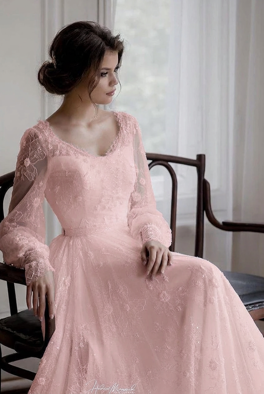 Blushing pink sweetheart applique A-line wedding dress