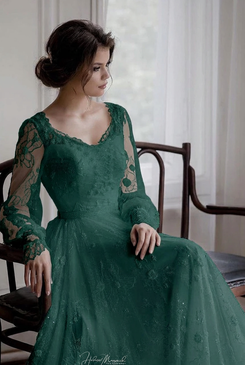 Dark green sweetheart applique A-line wedding dress
