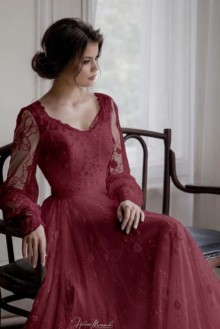Burgundy sweetheart applique A-line wedding dress