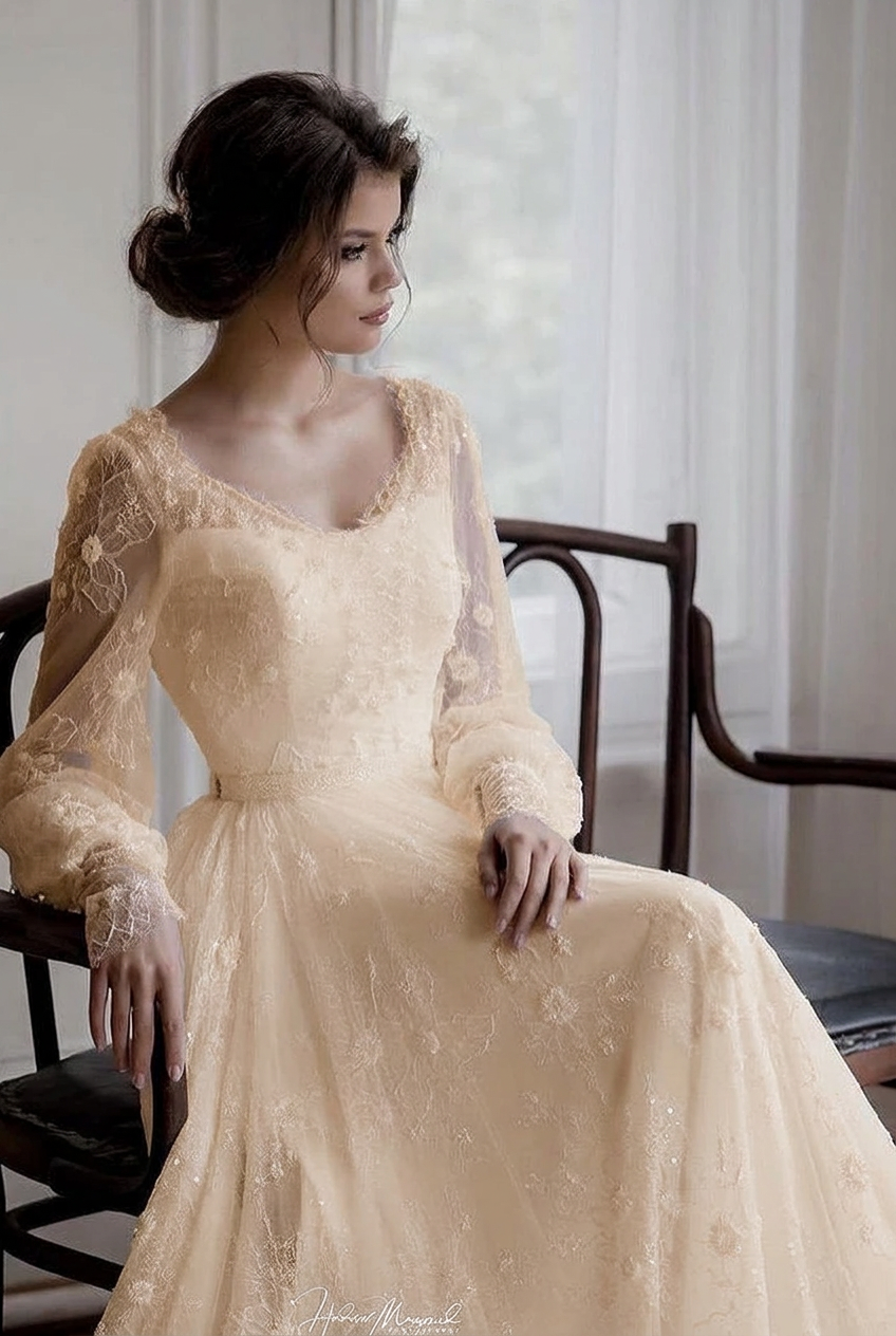 Champagne sweetheart applique A-line wedding dress