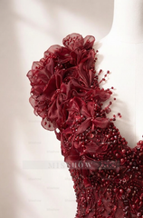 Beautiful Burgundy One shoulder Beaded Flowers Sleeveless Short Evening Dress