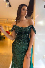 Beautiful Column Satin Off-The-Shoulder Sleeveless Green Prom Evening Dresses With Split Front
