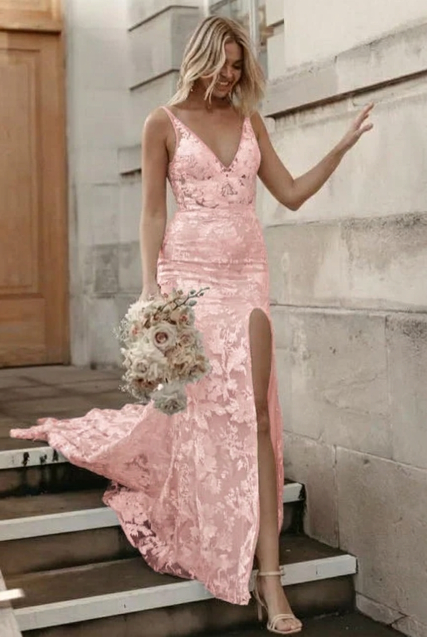 Blushing pink v-neck applique mermaid wedding dress