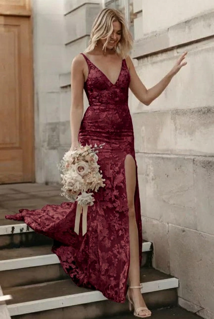 Burgundy v-neck applique mermaid wedding dress
