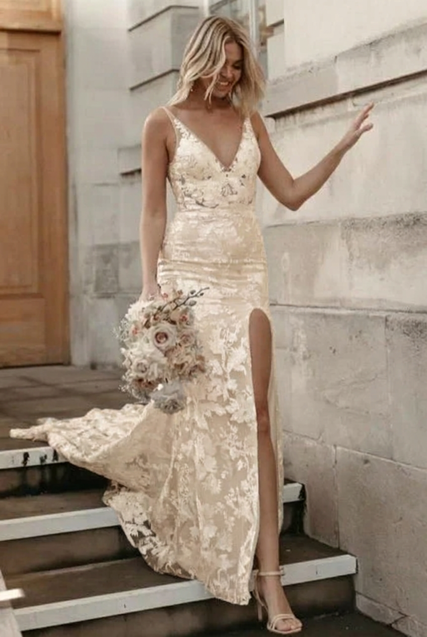 Champagne v-neck applique mermaid wedding dress