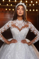 Beautiful Lace Ball Gown Long Sleeves High Neck Sequined Tulle Wedding Dresses With Appliques
