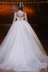 Beautiful Lace Ball Gown Long Sleeves High Neck Sequined Tulle Wedding Dresses With Appliques