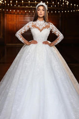 Beautiful Lace Ball Gown Long Sleeves High Neck Sequined Tulle Wedding Dresses With Appliques