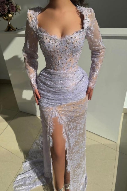 Beautiful Lilac Mermaid Square Lace Beaded Long Sleeves Long Evening Dresses With Slit