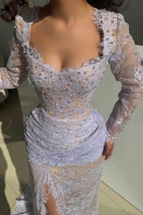 Beautiful Lilac Mermaid Square Lace Beaded Long Sleeves Long Evening Dresses With Slit