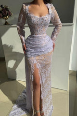 Beautiful Lilac Mermaid Square Lace Beaded Long Sleeves Long Evening Dresses With Slit