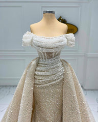 Beautiful Long A-line Off-the-shoulder Beaded Wedding Dress with Detachable Train