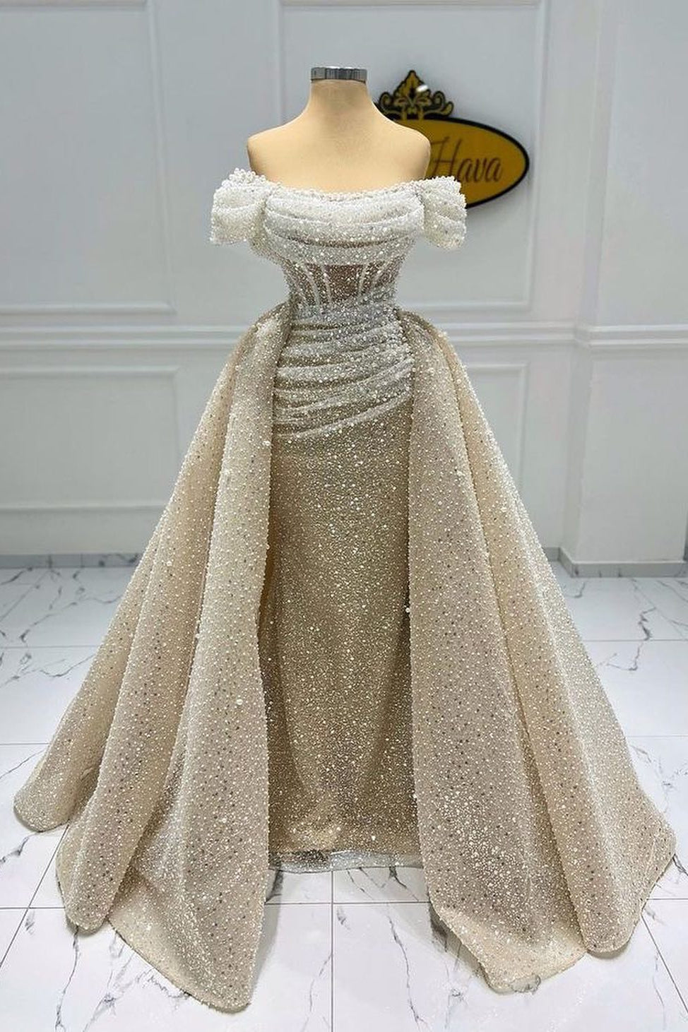 Beautiful Long A-line Off-the-shoulder Beaded Wedding Dress with Detachable Train