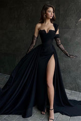 Black one shoulder lace A-line prom dress