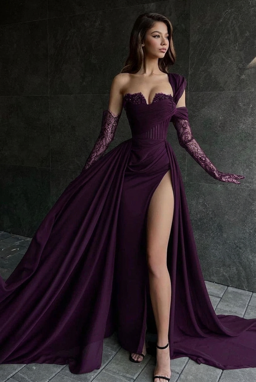 Grape one shoulder lace A-line prom dress