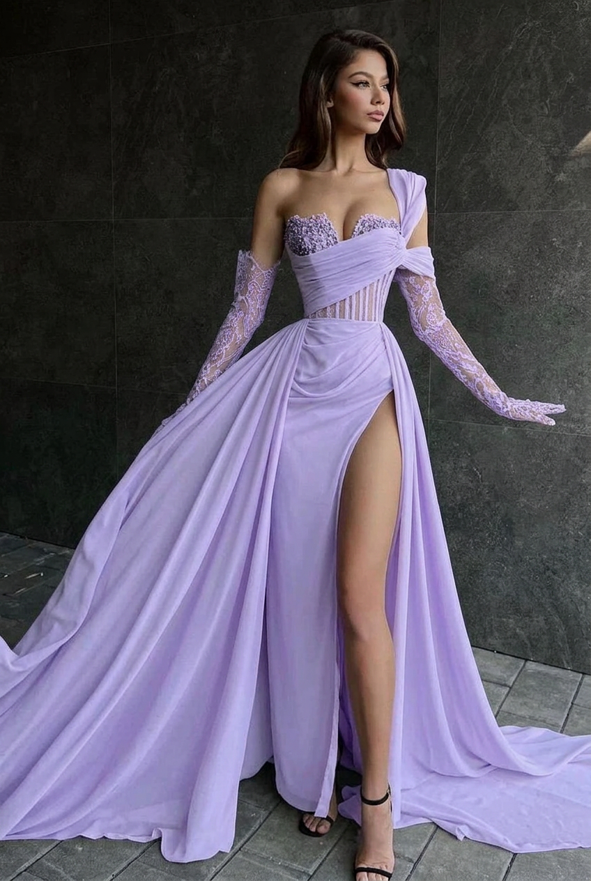 Lavender one shoulder lace A-line prom dress