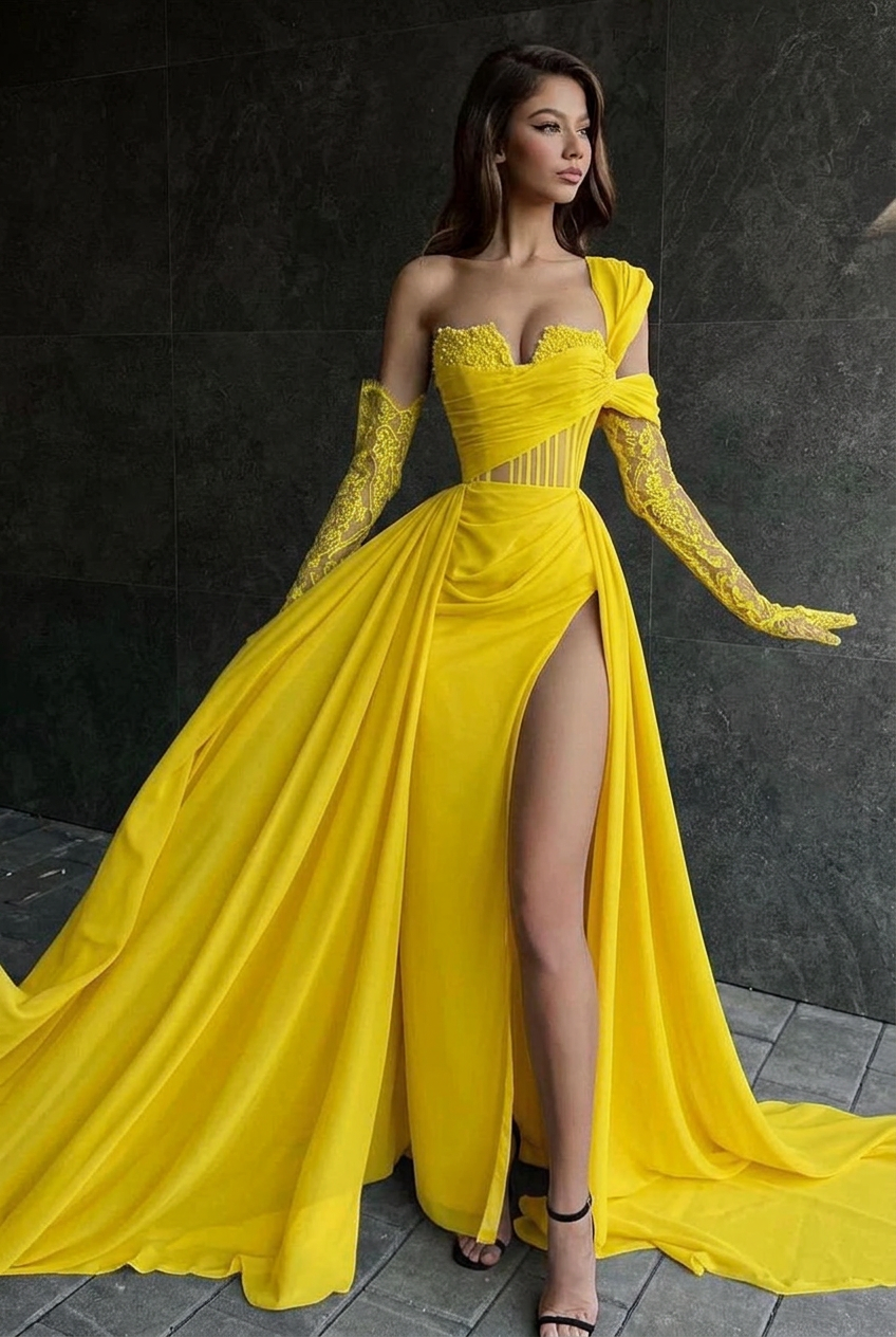 Yellow one shoulder lace A-line prom dress