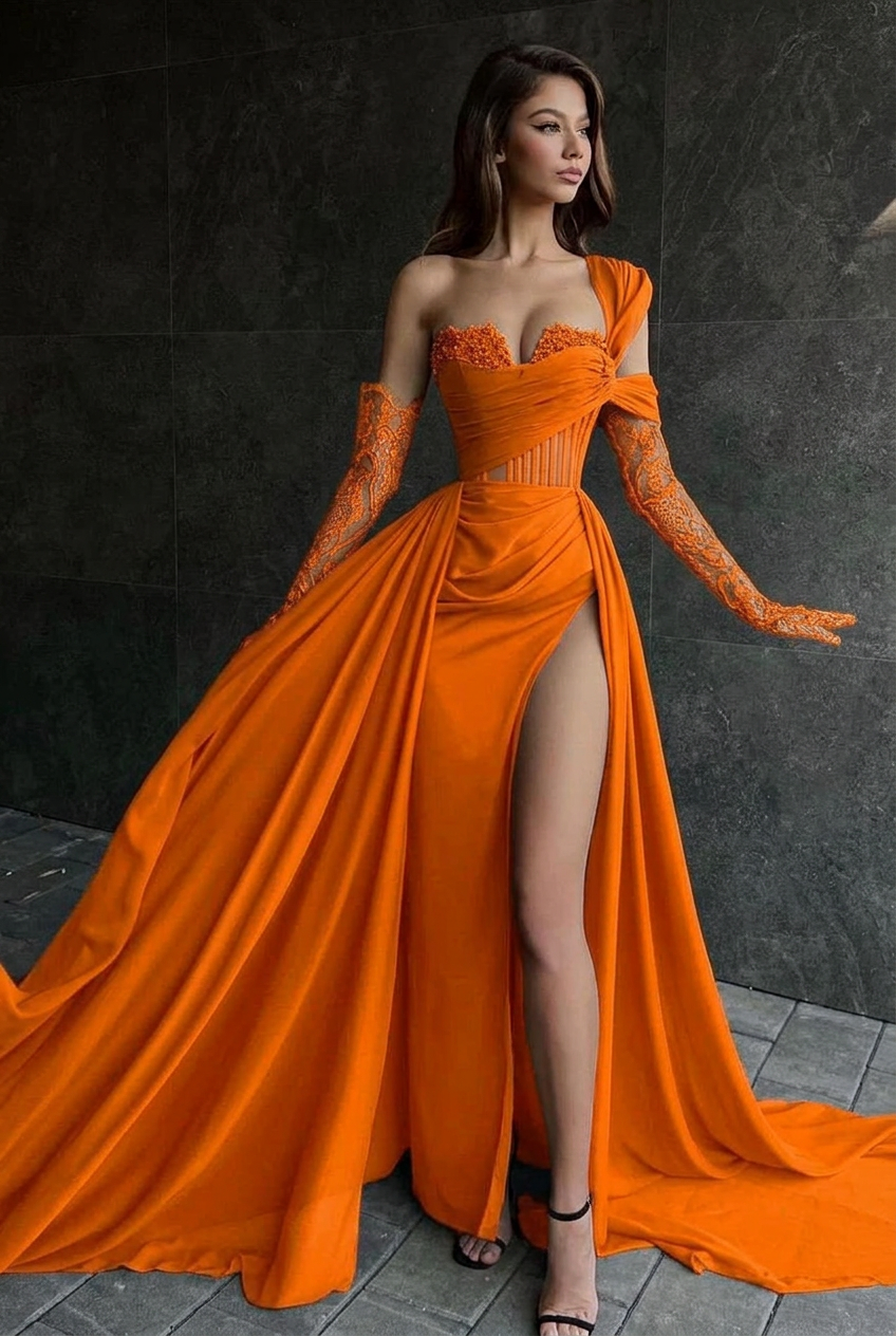 Orange one shoulder lace A-line prom dress