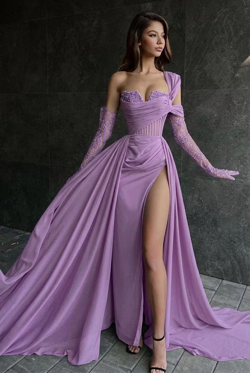 Lilac one shoulder lace A-line prom dress