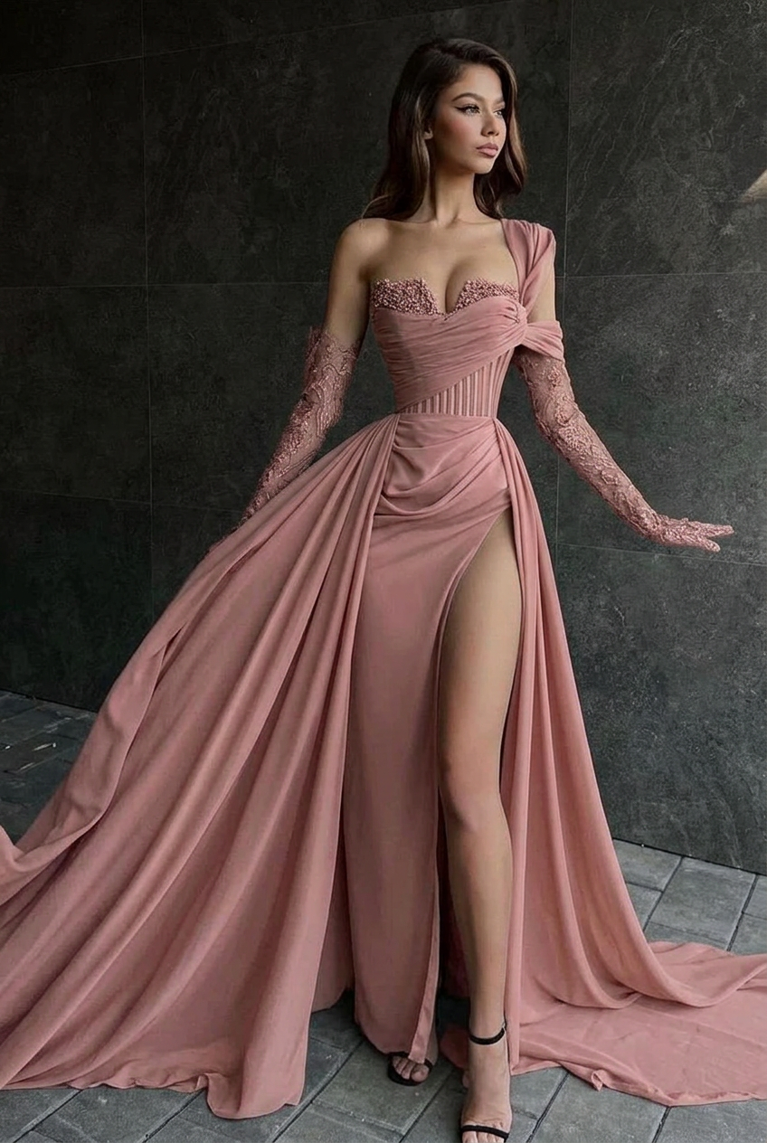 Dusty rose one shoulder lace A-line prom dress