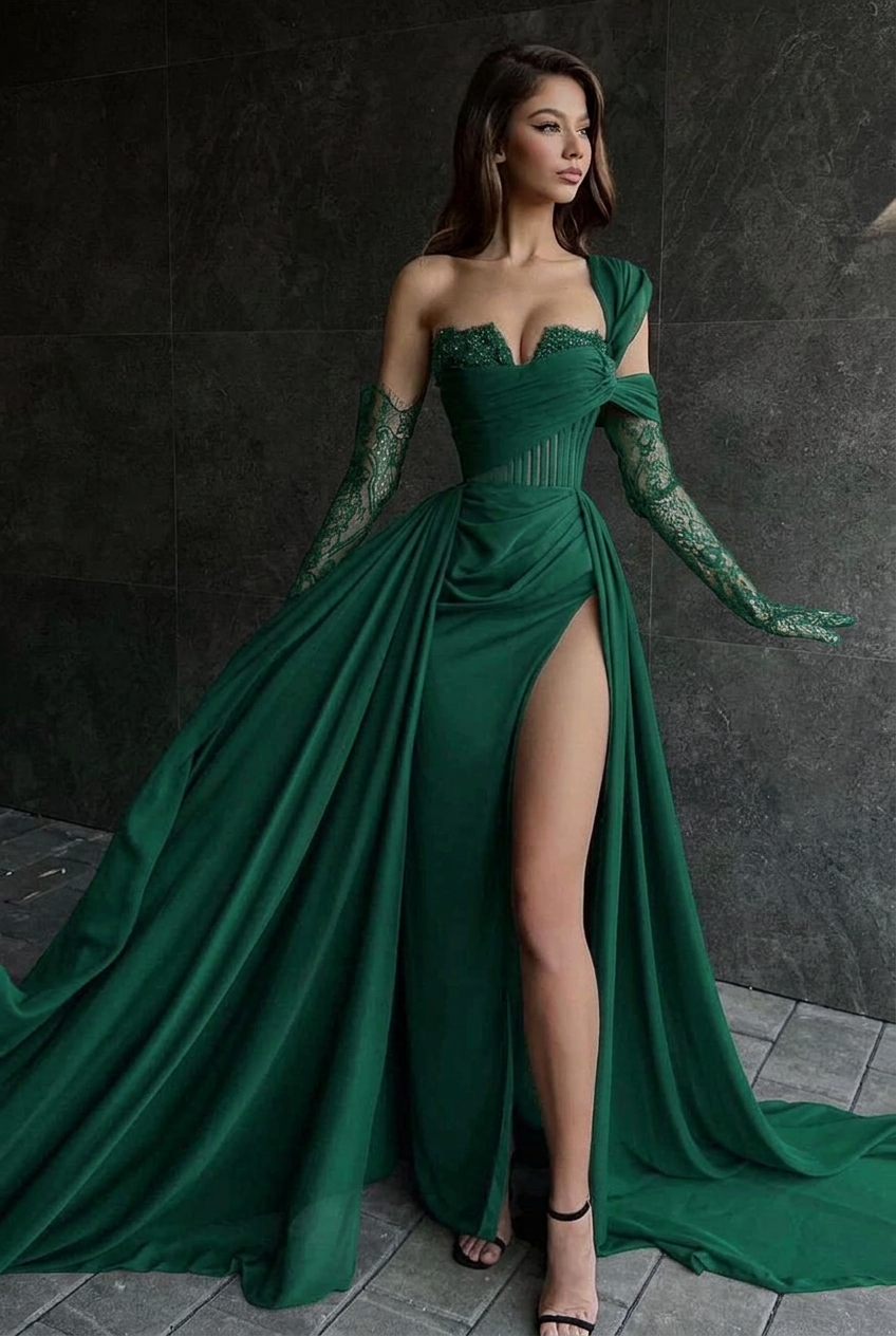 Emerald green one shoulder lace A-line prom dress