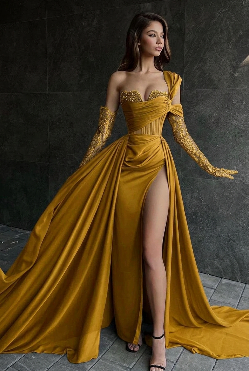 Gold one shoulder lace A-line prom dress